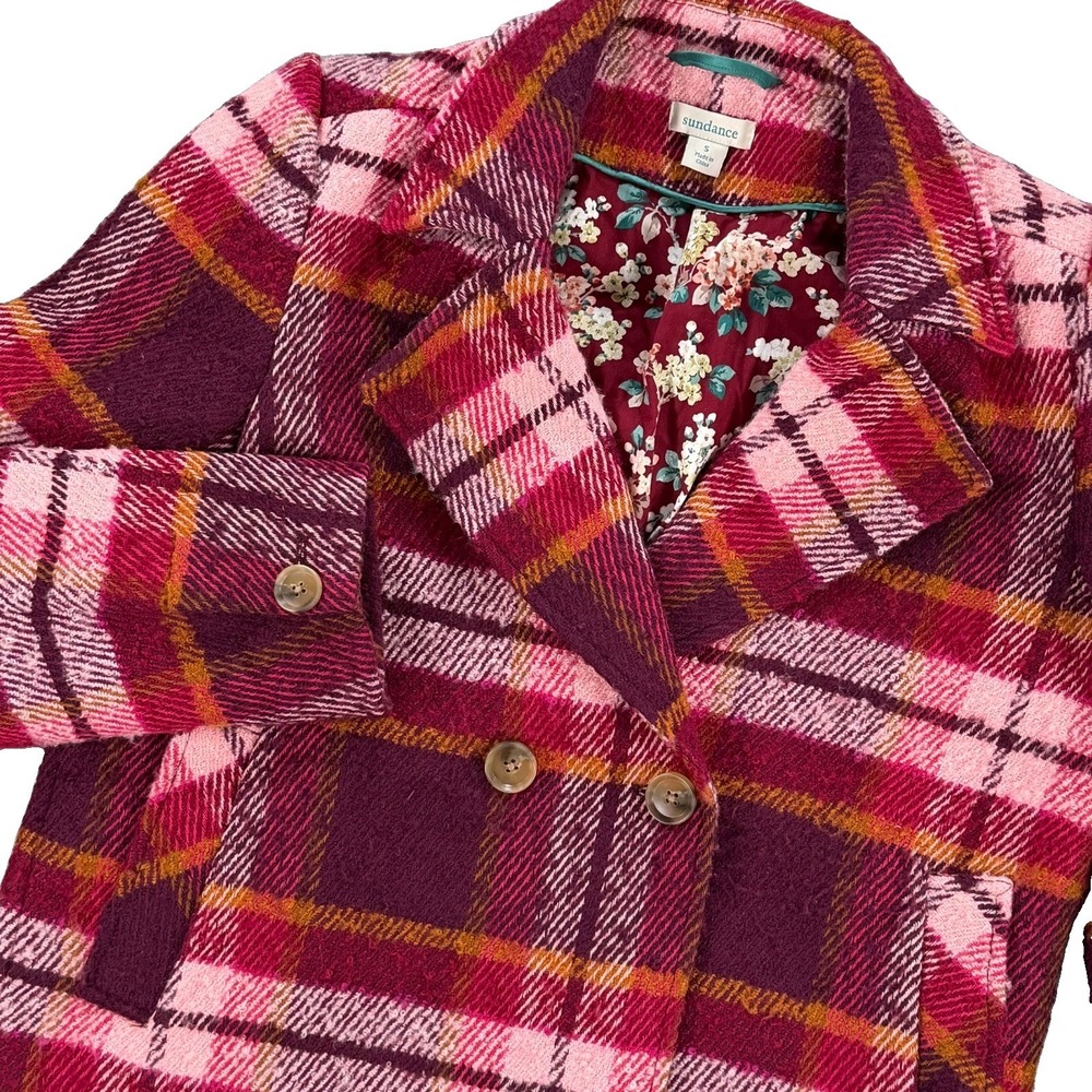 Sundance Pink Purple Plaid S Wool Blend Double Breasted Single Button Jacket